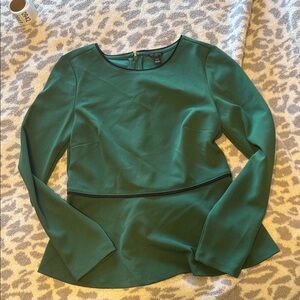 LOFT Deep Green Long Sleeve Blouse XXS Petite Peplum Black Piping